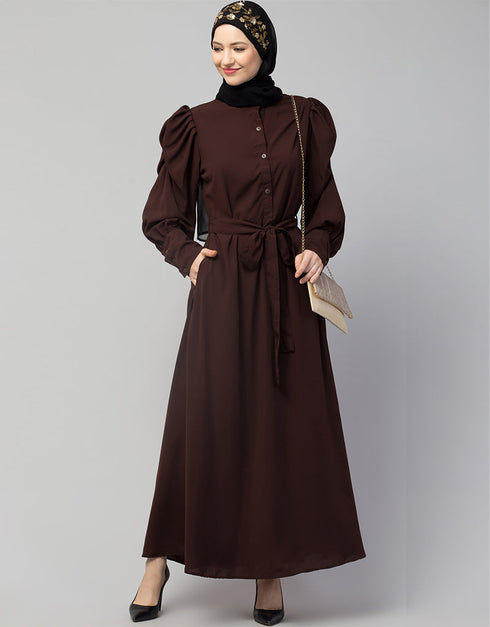 Women Front open till waist gathered puffed Sleeve Brown Color Casual Abaya Brown