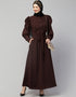 Women Front open till waist gathered puffed Sleeve Brown Color Casual Abaya Brown