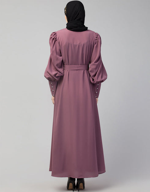Muslimah Long Cuff Gathered Puffed Sleeve Purple Color Abaya Purple