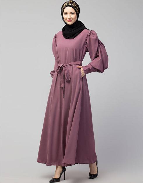 Muslimah Long Cuff Gathered Puffed Sleeve Purple Color Abaya Purple