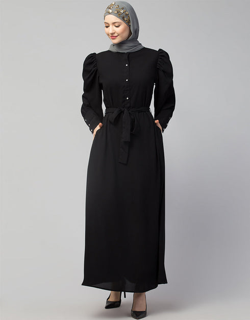 Chic Front open Black Casual Abaya in the Shade Of Black