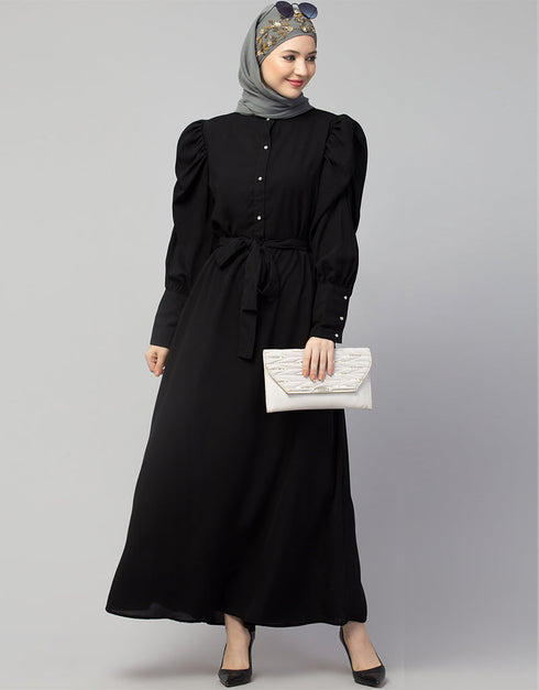 Chic Front open Black Casual Abaya in the Shade Of Black