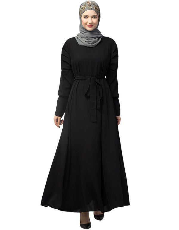 Trendy Long Cuff Gathered Puffed Sleeve Color Abaya in the Shade Of Black