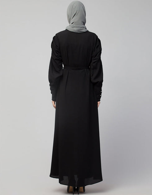 Trendy Long Cuff Gathered Puffed Sleeve Color Abaya in the Shade Of Black