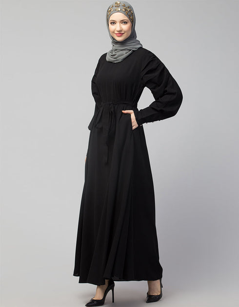 Trendy Long Cuff Gathered Puffed Sleeve Color Abaya in the Shade Of Black