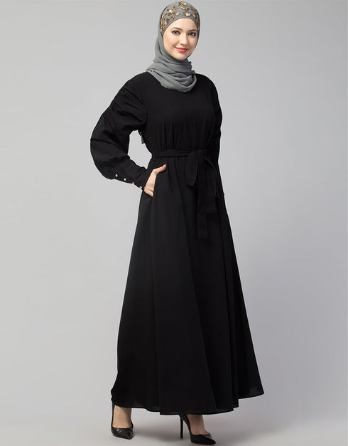 Trendy Long Cuff Gathered Puffed Sleeve Color Abaya in the Shade Of Black