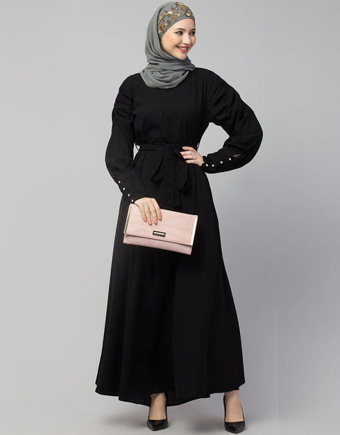 Trendy Long Cuff Gathered Puffed Sleeve Color Abaya in the Shade Of Black