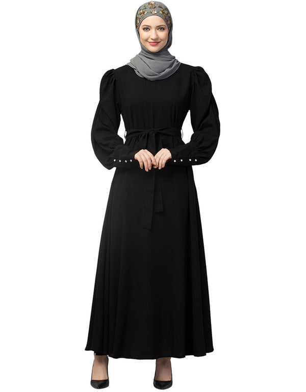 Modern Long Cuff Gathered Puffed Sleeve Abaya in the Shade Of Black