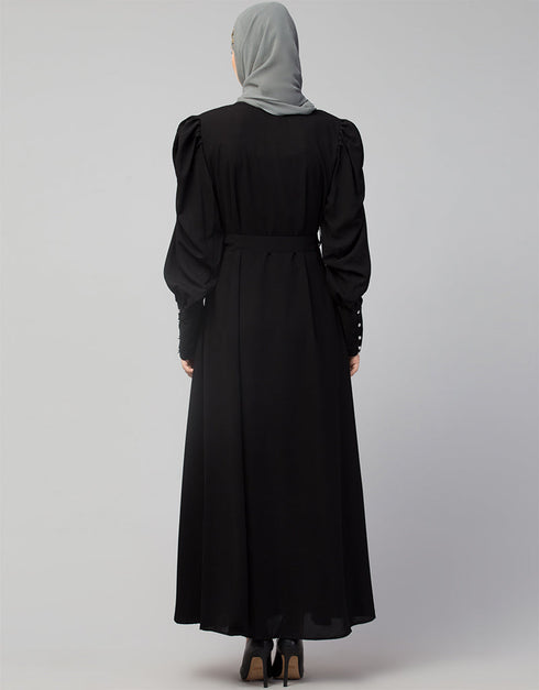 Modern Long Cuff Gathered Puffed Sleeve Abaya in the Shade Of Black