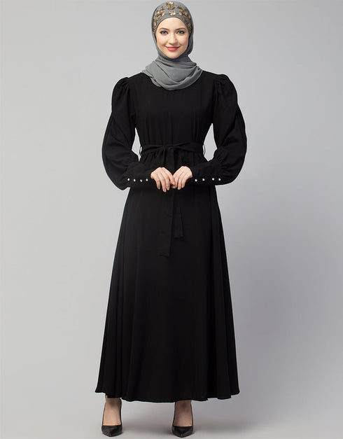 Modern Long Cuff Gathered Puffed Sleeve Abaya in the Shade Of Black