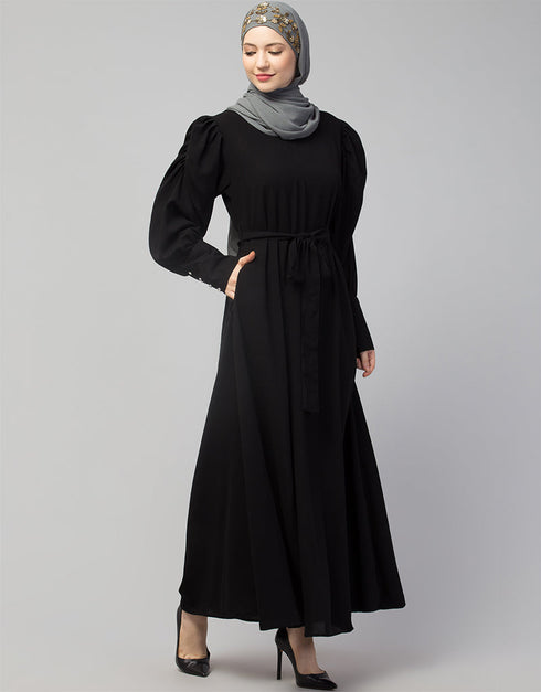 Modern Long Cuff Gathered Puffed Sleeve Abaya in the Shade Of Black