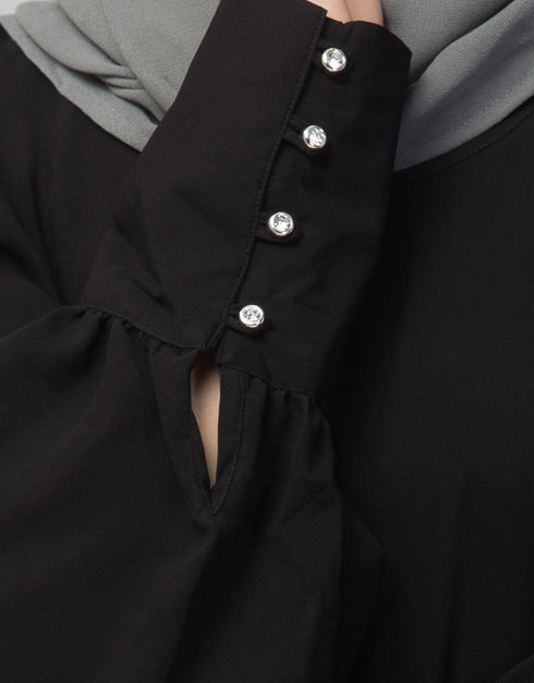Modern Long Cuff Gathered Puffed Sleeve Abaya in the Shade Of Black
