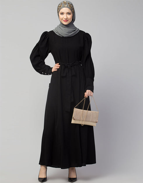 Modern Long Cuff Gathered Puffed Sleeve Abaya in the Shade Of Black
