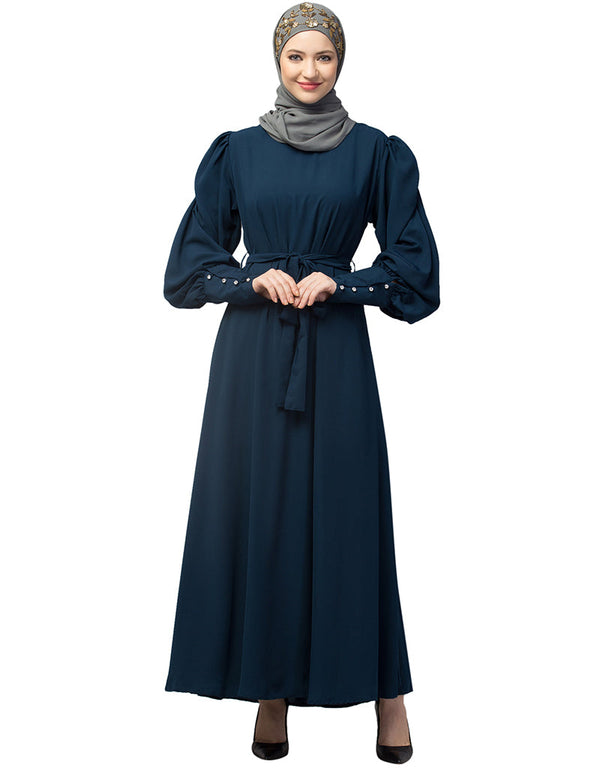Dubai Long Cuff Gathered Puffed Sleeve Abaya In The Color Teal