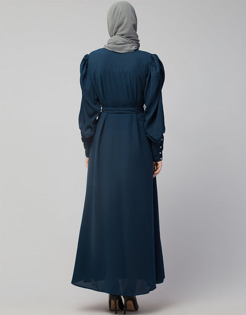 Dubai Long Cuff Gathered Puffed Sleeve Abaya In The Color Teal
