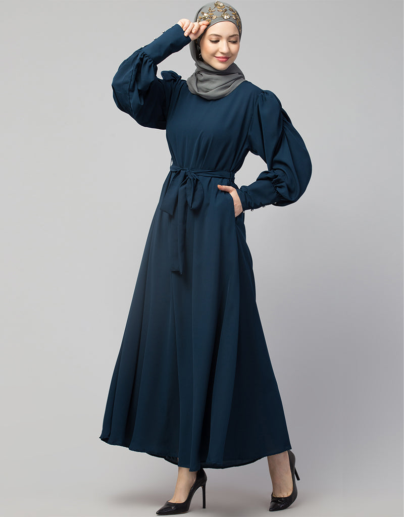 Dubai Long-Sleeved Abaya with Flared Hem for a Sophisticated Look In Color Teal Blue main image 0