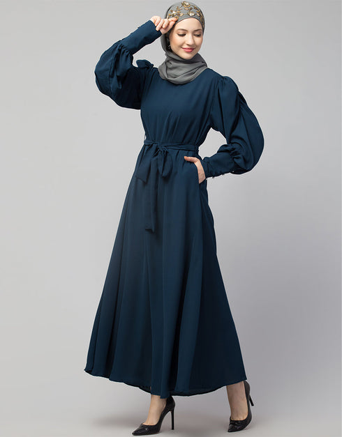 Dubai Long Cuff Gathered Puffed Sleeve Abaya In The Color Teal