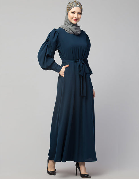 Dubai Long Cuff Gathered Puffed Sleeve Abaya In The Color Teal