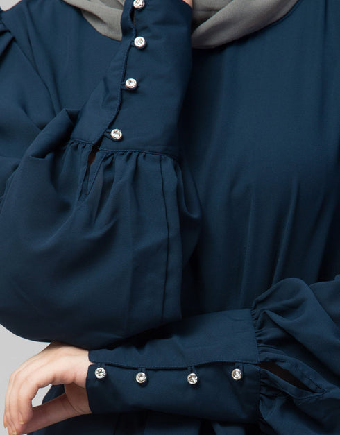 Dubai Long Cuff Gathered Puffed Sleeve Abaya In The Color Teal