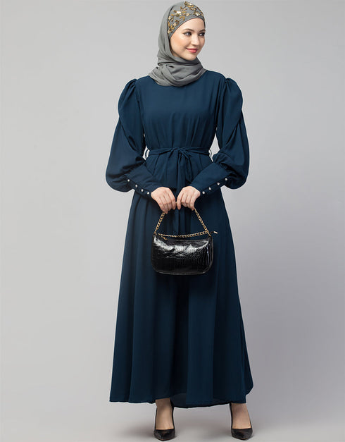 Dubai Long Cuff Gathered Puffed Sleeve Abaya In The Color Teal