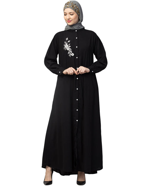 Modest Front Open with Silver Embroidery Casual Abaya In The Color Black