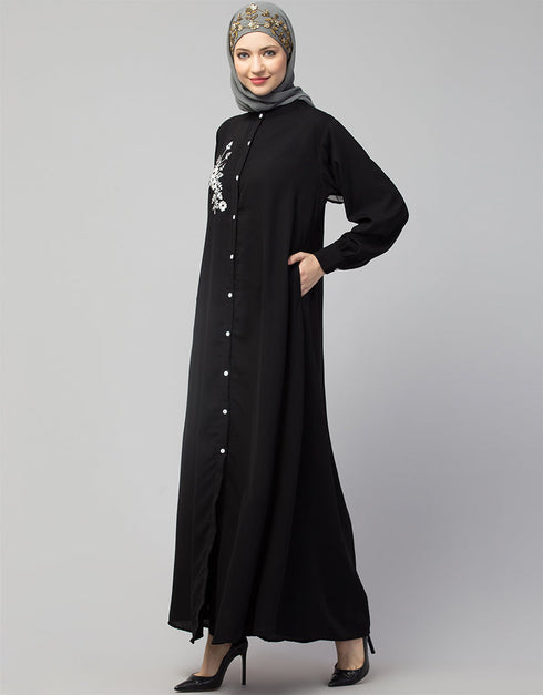 Modest Front Open with Silver Embroidery Casual Abaya In The Color Black