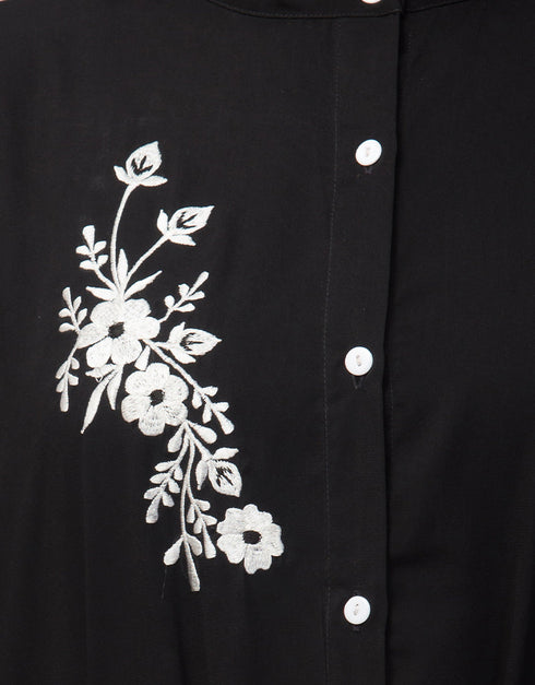 Modest Front Open with Silver Embroidery Casual Abaya In The Color Black