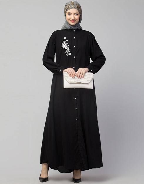 Modest Front Open with Silver Embroidery Casual Abaya In The Color Black
