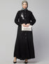 Modest Front Open with Silver Embroidery Casual Abaya In The Color Black
