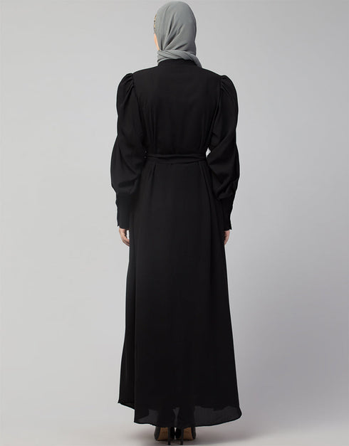 Islamic Front Open long Cuff Gathered Puffed Sleeve Casual Abaya in the Shade Of Black