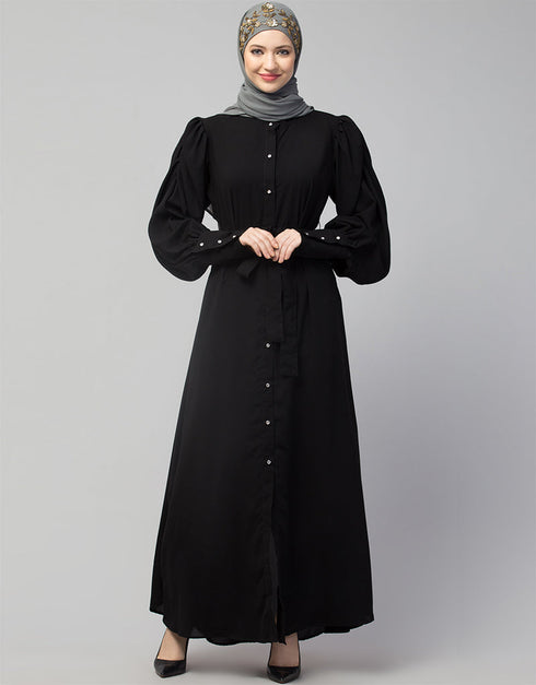 Islamic Front Open long Cuff Gathered Puffed Sleeve Casual Abaya in the Shade Of Black