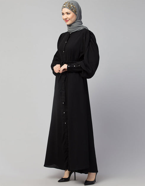 Islamic Front Open long Cuff Gathered Puffed Sleeve Casual Abaya in the Shade Of Black