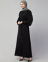 Islamic Front Open long Cuff Gathered Puffed Sleeve Casual Abaya in the Shade Of Black