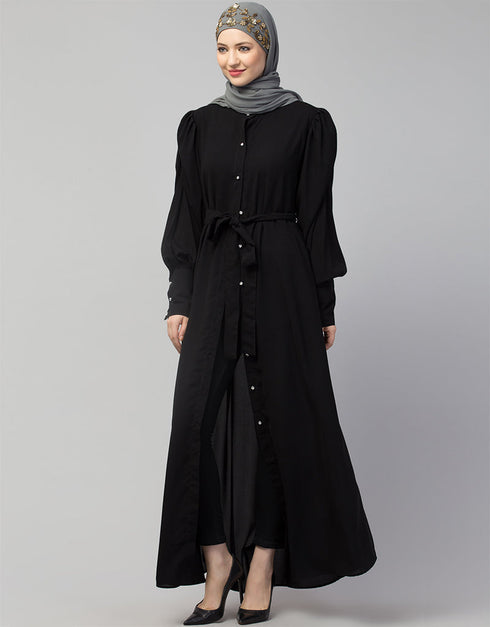 Islamic Front Open long Cuff Gathered Puffed Sleeve Casual Abaya in the Shade Of Black