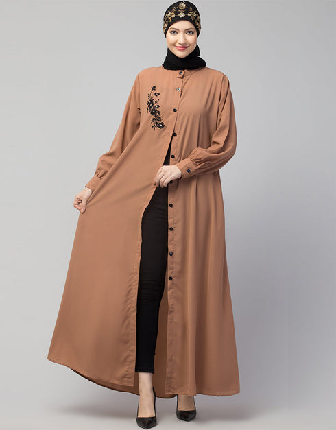 Arabic Front Open with Black Embroidery Casual Abaya In The Color Skin