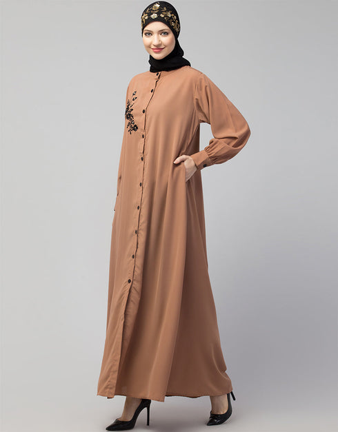 Arabic Front Open with Black Embroidery Casual Abaya In The Color Skin