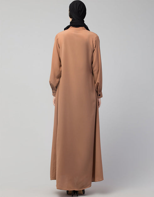 Arabic Front Open with Black Embroidery Casual Abaya In The Color Skin
