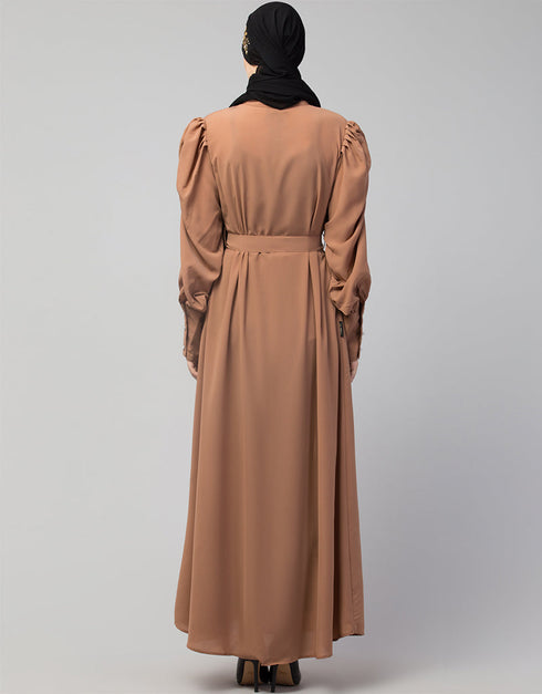 Women Front Open long Cuff Gathered Puffed Sleeve Casual Abaya in the Shade Of Skin