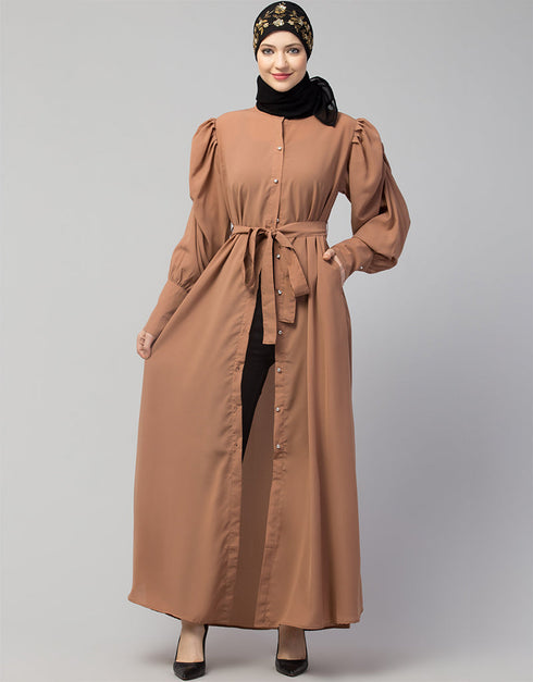 Women Front Open long Cuff Gathered Puffed Sleeve Casual Abaya in the Shade Of Skin