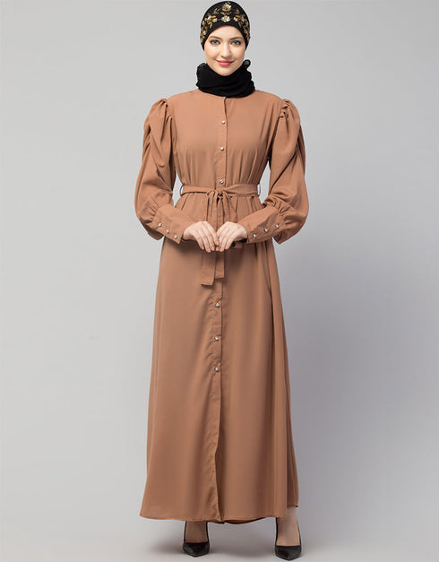 Women Front Open long Cuff Gathered Puffed Sleeve Casual Abaya in the Shade Of Skin