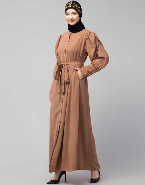 Women Front Open long Cuff Gathered Puffed Sleeve Casual Abaya in the Shade Of Skin