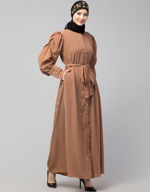 Women Front Open long Cuff Gathered Puffed Sleeve Casual Abaya in the Shade Of Skin
