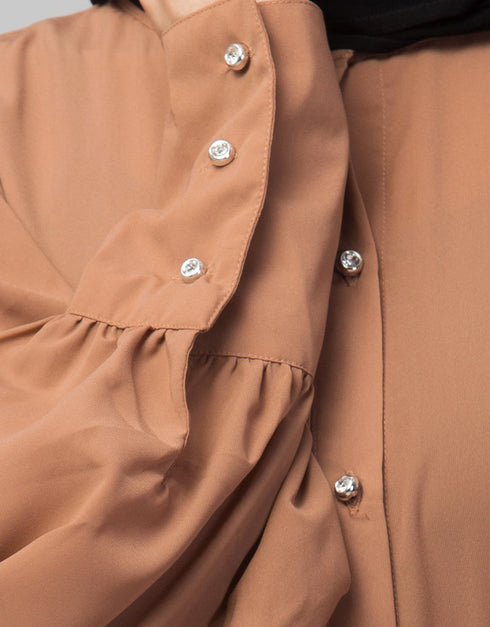 Women Front Open long Cuff Gathered Puffed Sleeve Casual Abaya in the Shade Of Skin