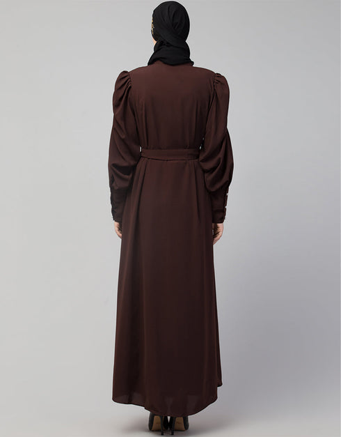 Muslimah Front Open long Cuff Gathered Puffed Sleeve Casual Abaya in the Shade Of Chocolate