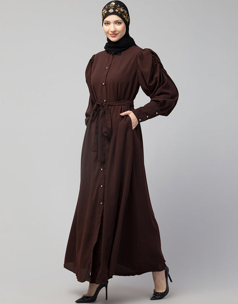 Muslimah Front Open long Cuff Gathered Puffed Sleeve Casual Abaya in the Shade Of Chocolate