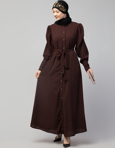 Muslimah Front Open long Cuff Gathered Puffed Sleeve Casual Abaya in the Shade Of Chocolate