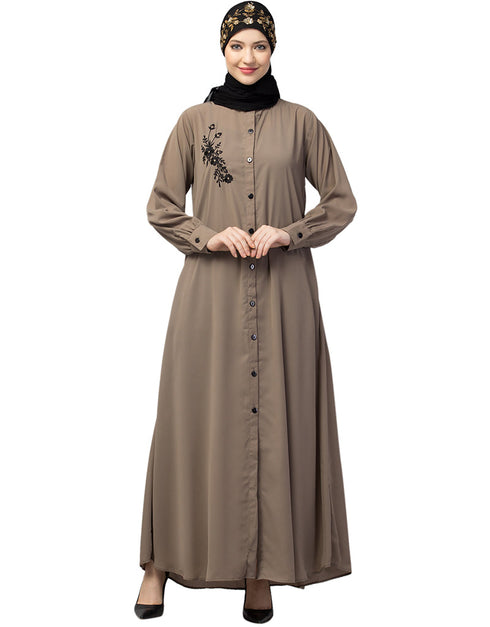 Trendy Front Open with Black Embroidery Casual Abaya In The Color Khaki