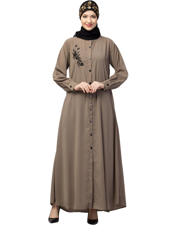 Trendy Front Open with Black Embroidery Casual Abaya In The Color Khaki