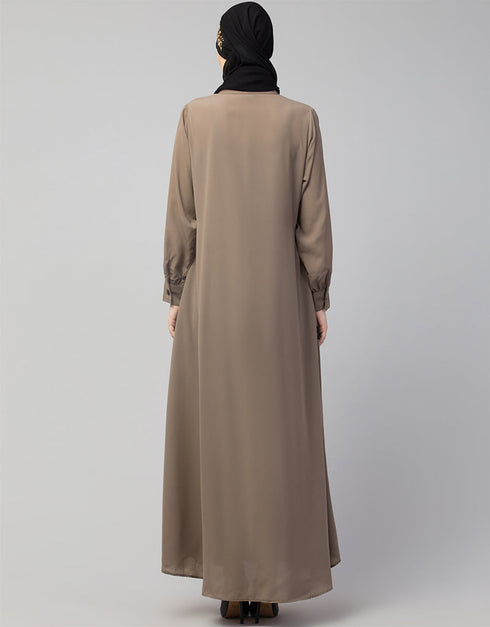 Trendy Front Open with Black Embroidery Casual Abaya In The Color Khaki