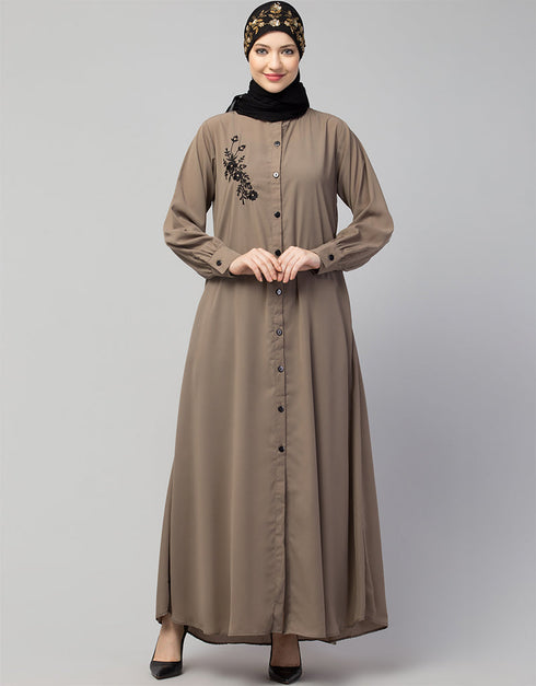 Trendy Front Open with Black Embroidery Casual Abaya In The Color Khaki